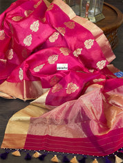 Pure Chanderi Pattu Silk - Magenta Pink Blue Iknaliya woven