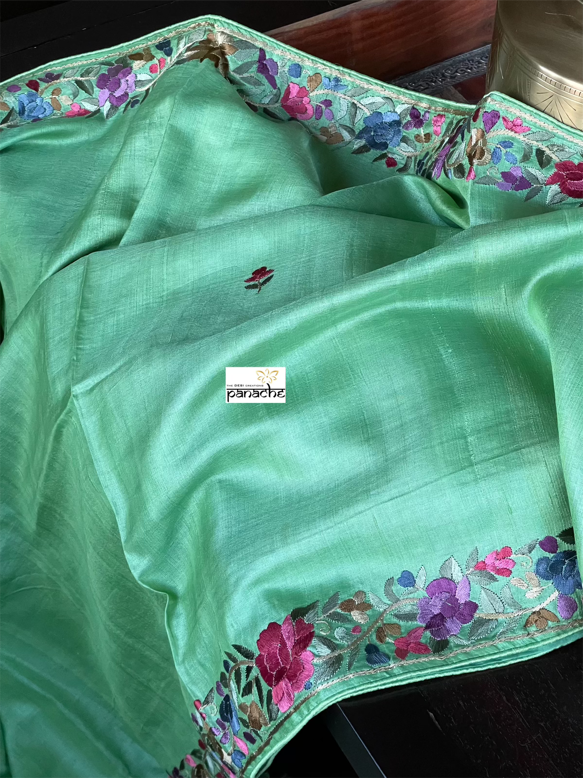 Designer Tussar Silk - Green Parsi Gara Hand Embroidered
