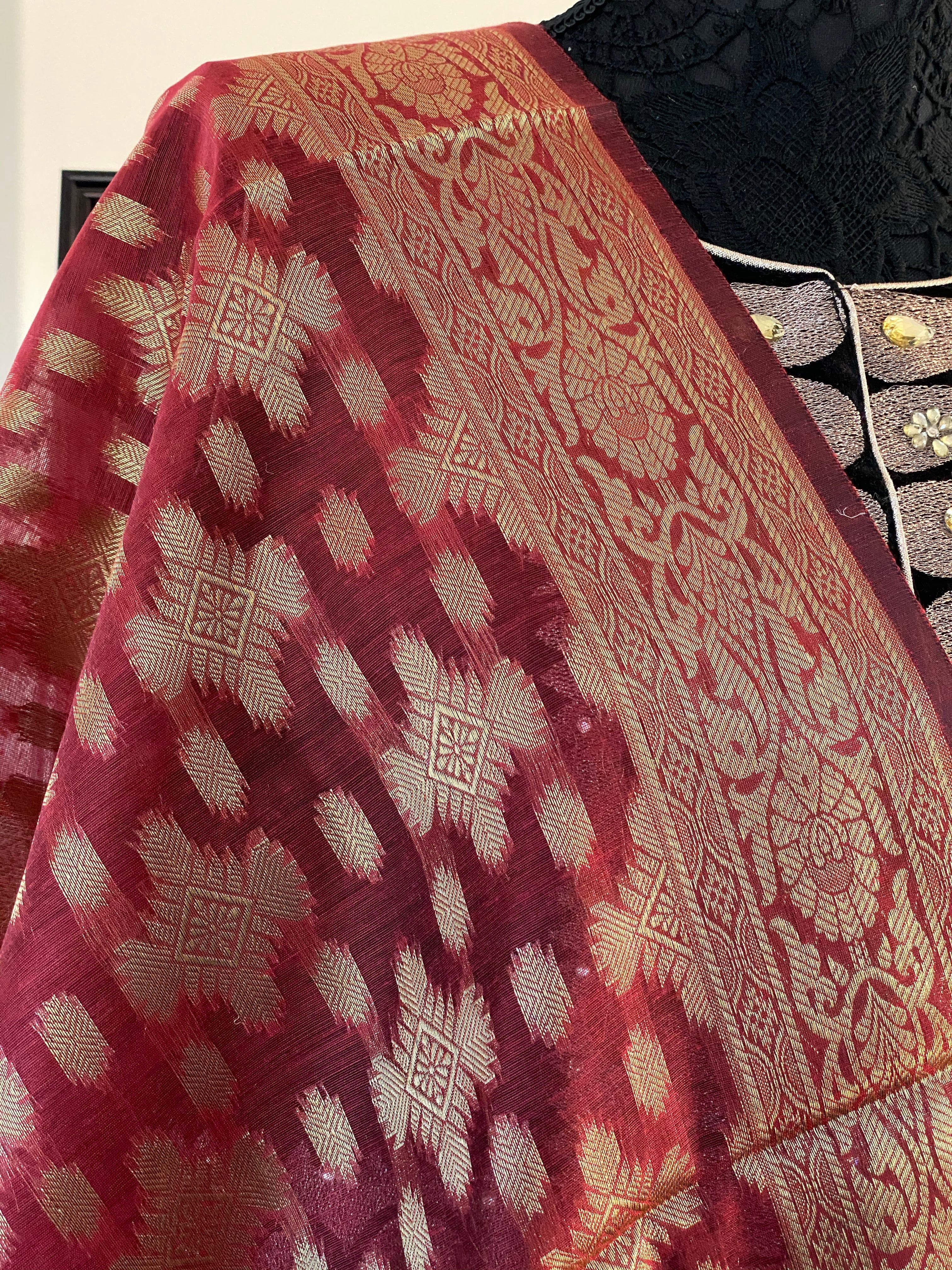 Silk Cotton Dupatta - Reddish Maroon Golden Zari