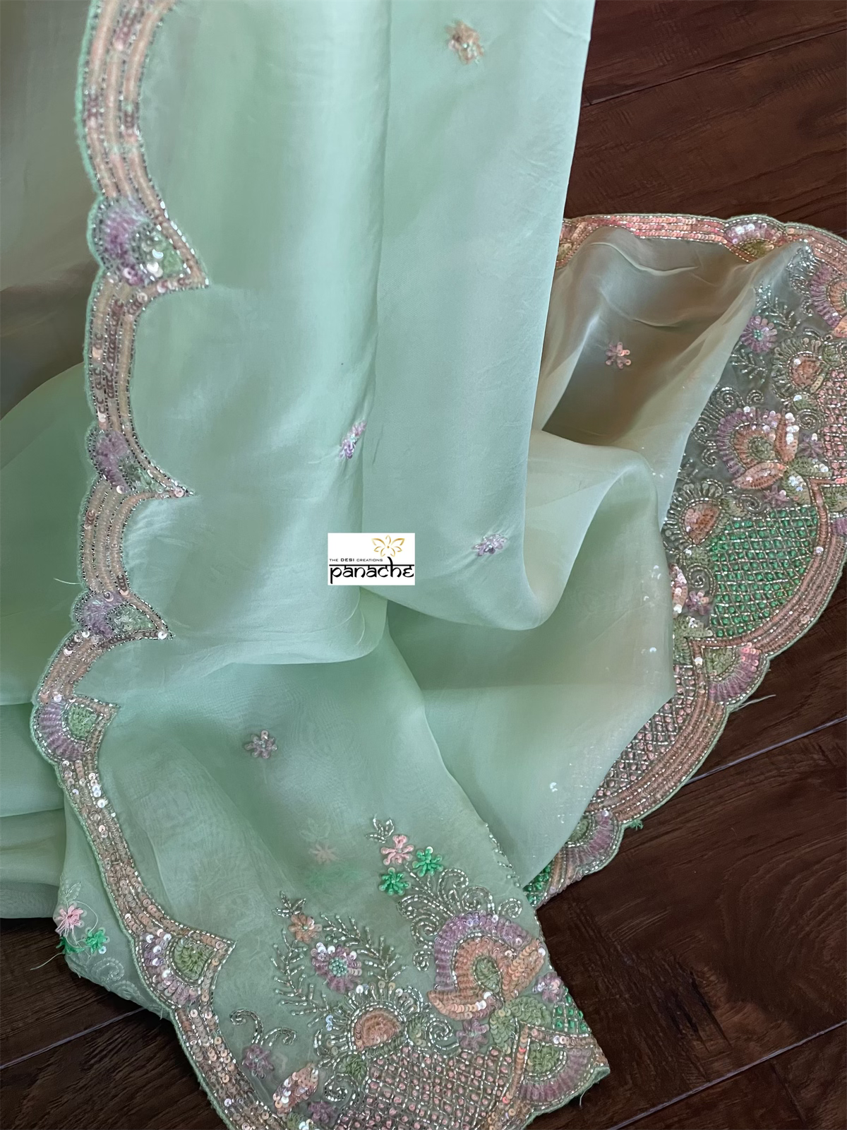 Designer Satin Organza - Mint Hand Embroidered