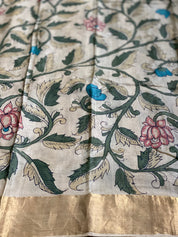 Pen Kalamkari Tussar Silk - Hand-painted Beige Green