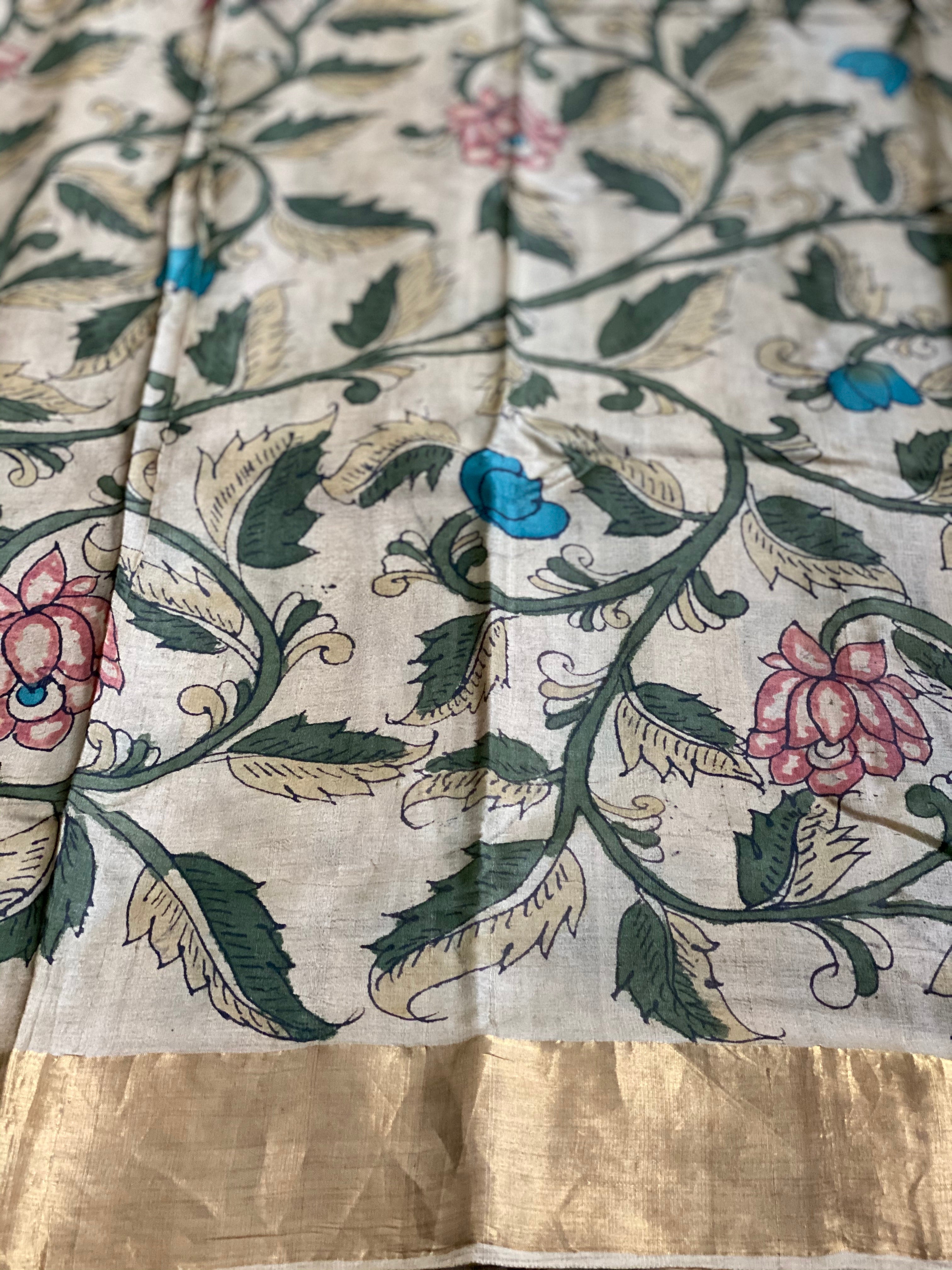 Pen Kalamkari Tussar Silk - Hand-painted Beige Green