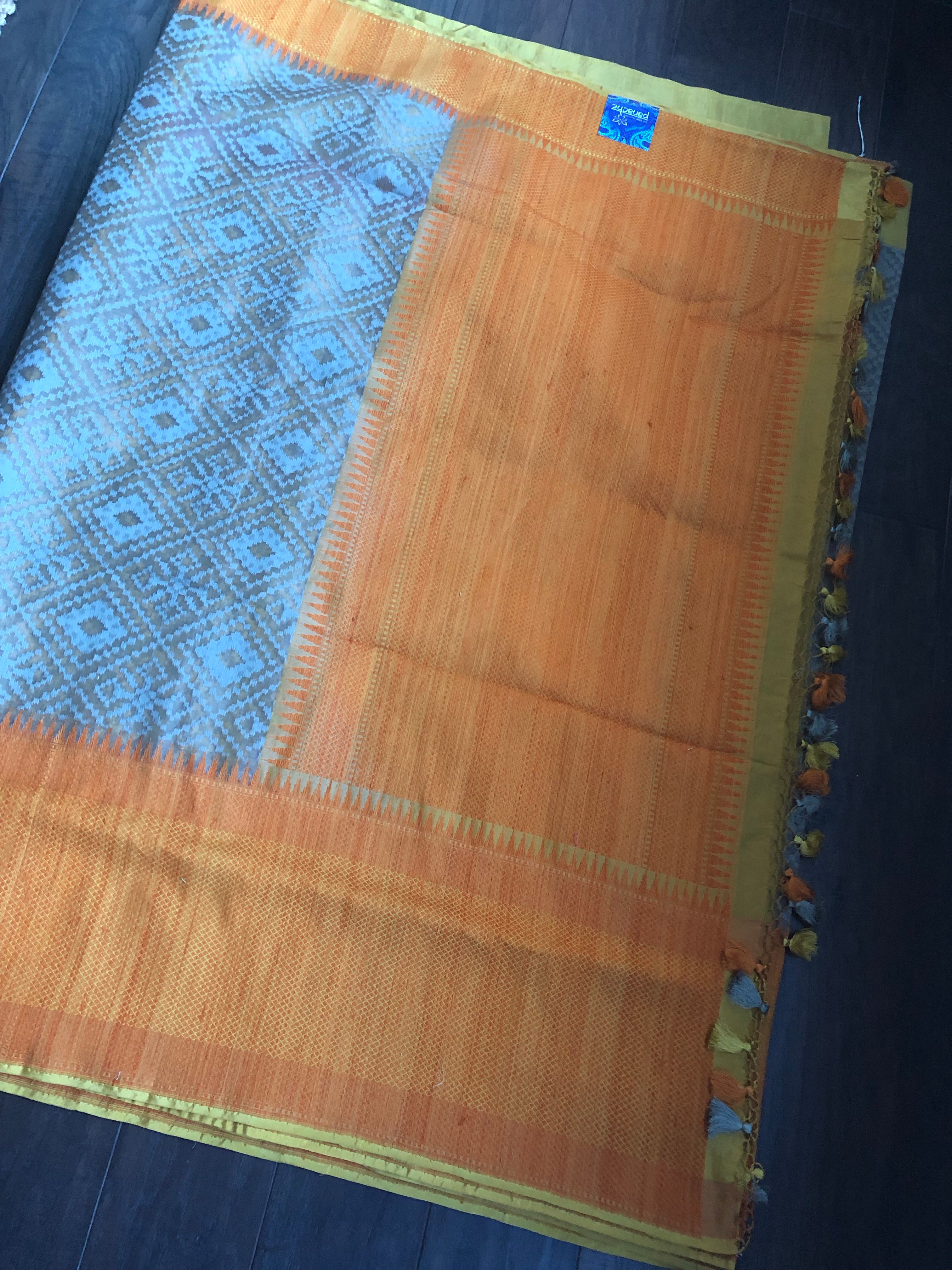 Kora Tussar Jamdani Banarsi - Grey Orange Golden Zari