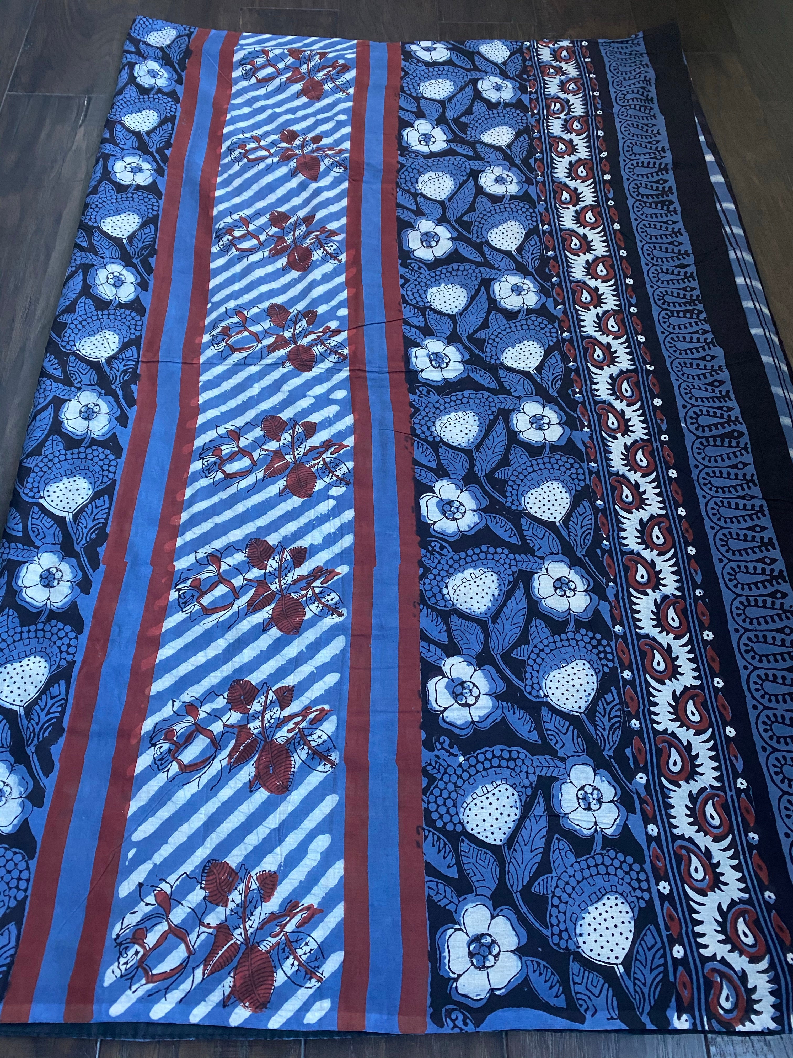 Soft Cotton Ajrakh Saree - Blue Grey Black Maroon Printed