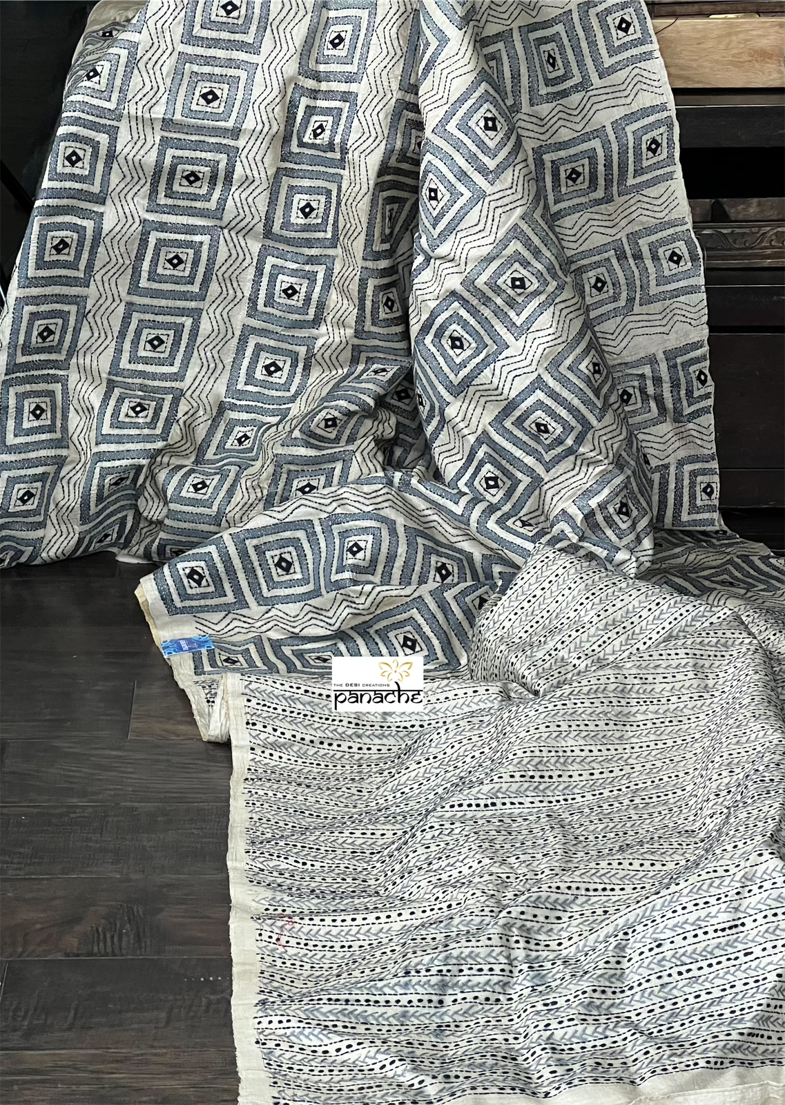 Pure Tussar Silk Kantha Stitch -  Beige Grey Black