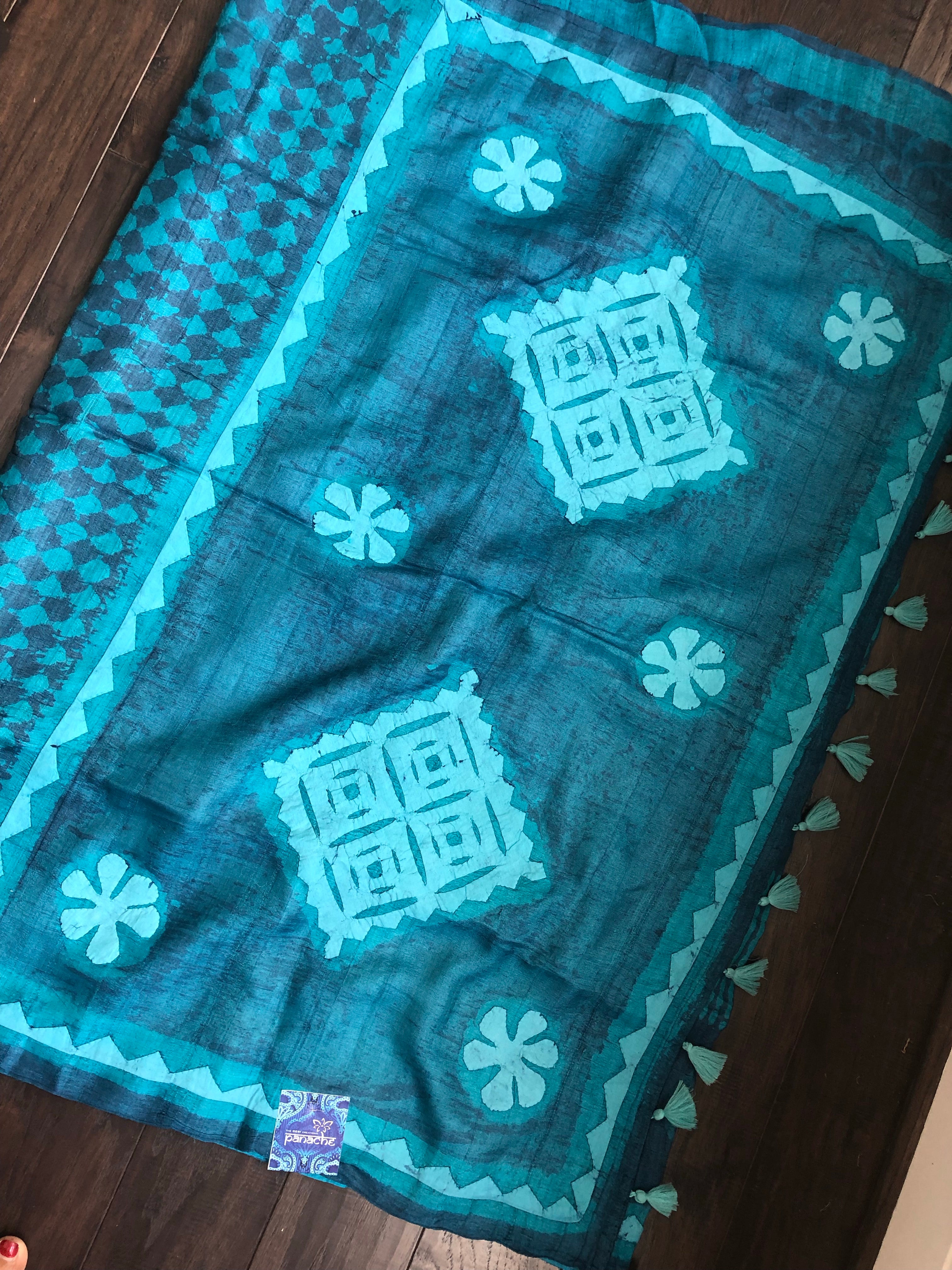 Pure Tussar Silk - Blue Firozi Printed and Appliqué