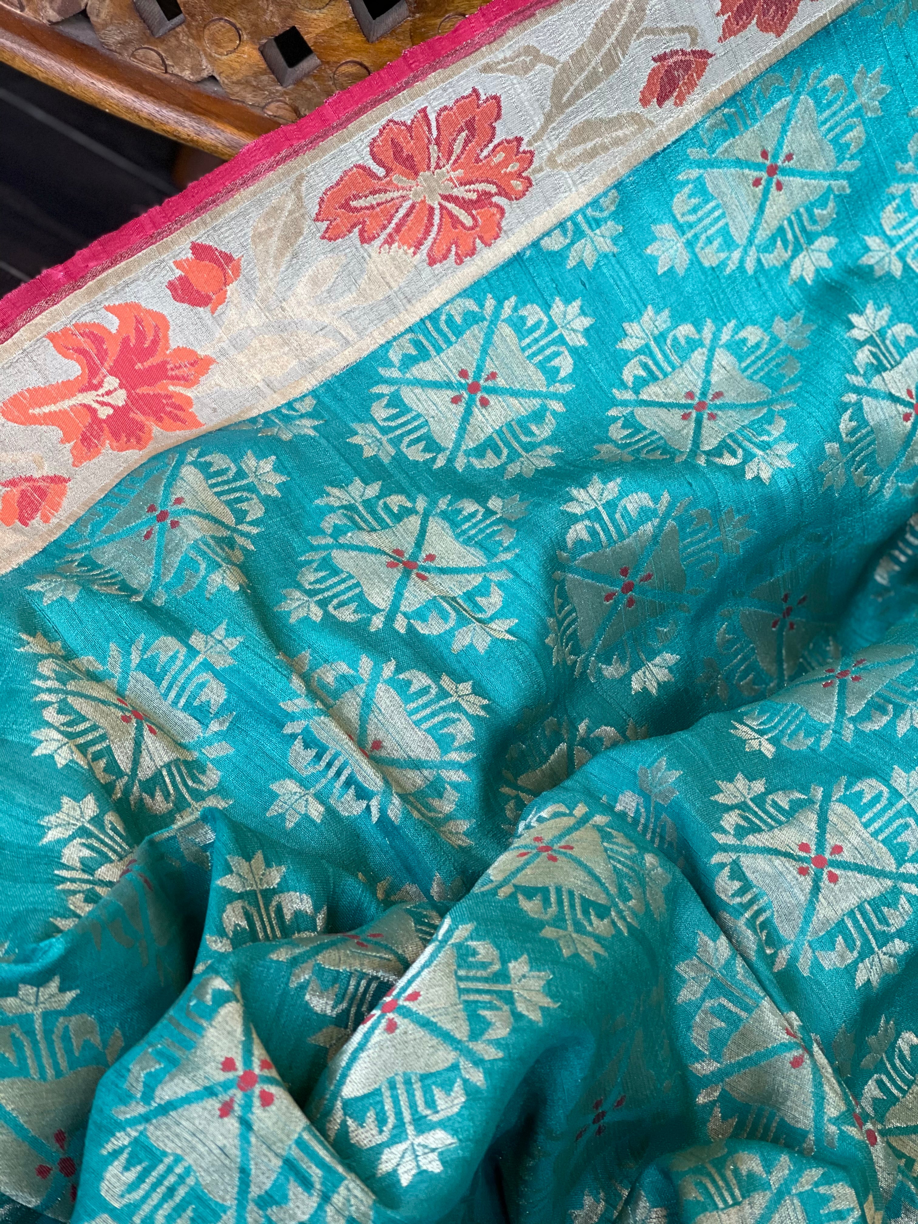 Tussar Georgette Banarasi- Teal Blue Orange Paithani border