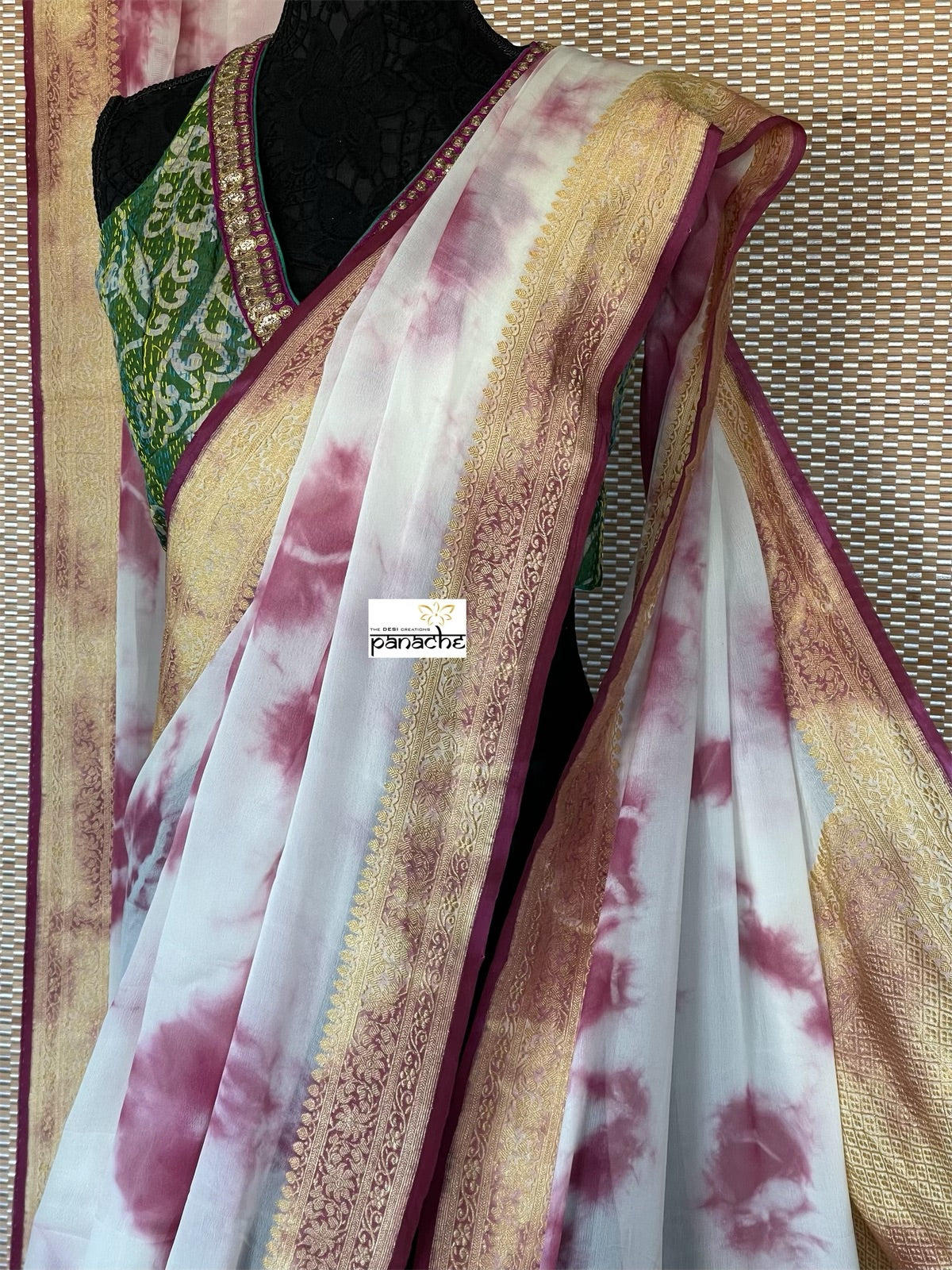 Khaddi Georgette Banarasi - Off-White Wine Purple Tie-dye Khadhua Woven
