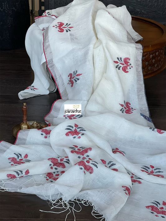 Linen Handloom Exclusive - Silver Zari White woven