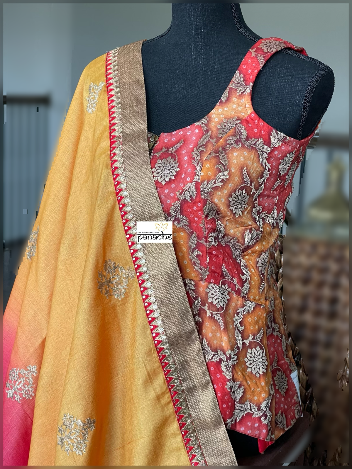 Designer Blouse - Rust Yellow Bandhej