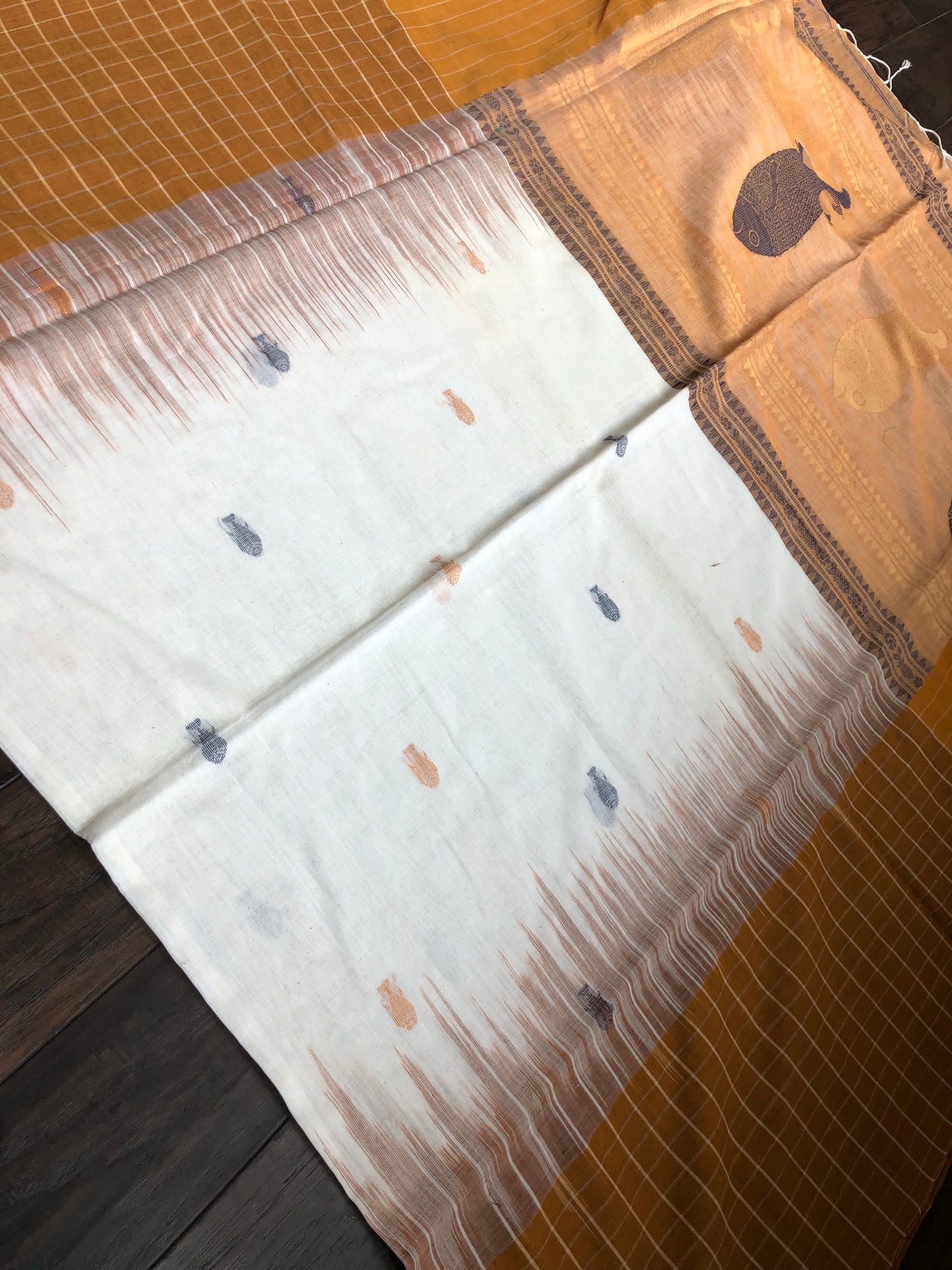 Pure Khadi Cotton Handloom - Off-White Ochre Yellow Woven