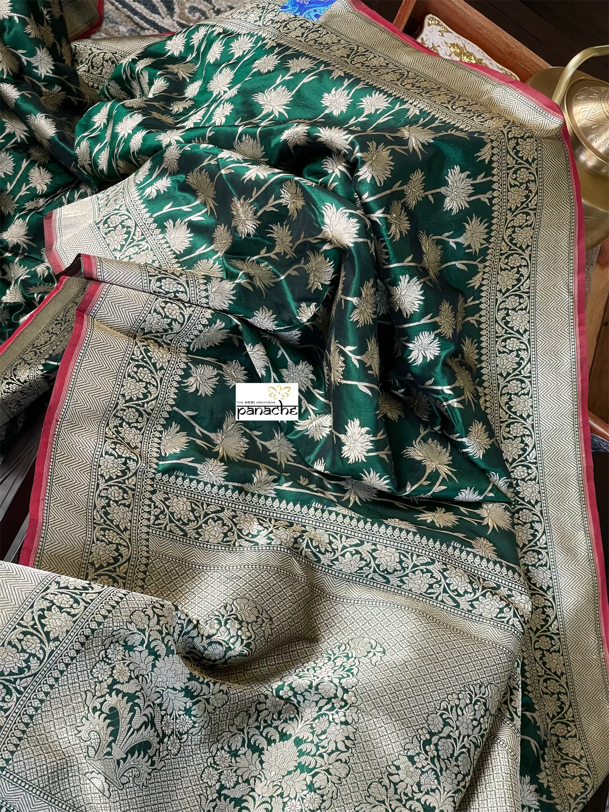 Pure Silk Banarasi - Green Red Antique Golden Zari