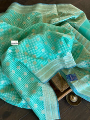 Silk Cotton Jamdaani Kora Banarasi - Sea Green Zari woven