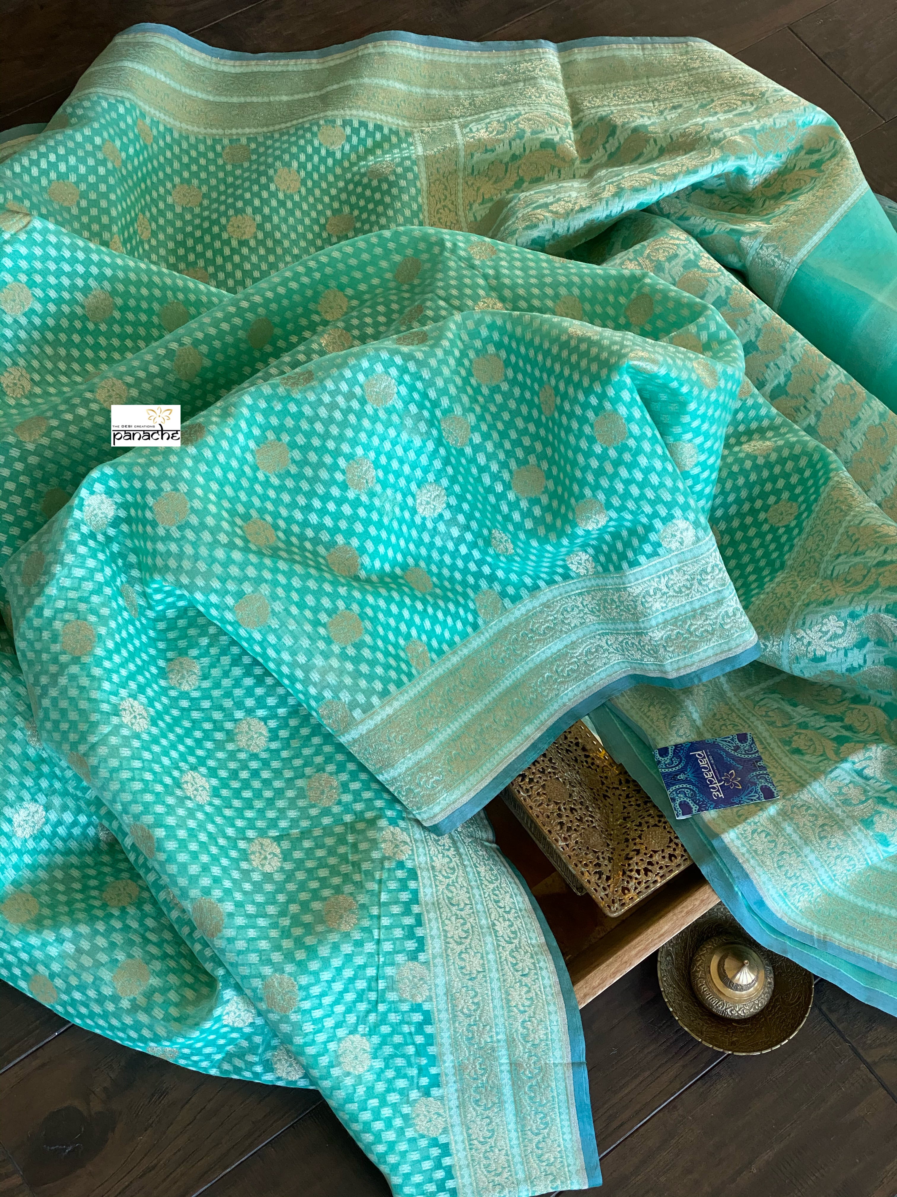 Silk Cotton Jamdaani Kora Banarasi - Sea Green Zari woven