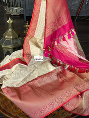 Pure Katan Silk Checkered Banarasi - Golden Beige Magenta Red Kadwa woven