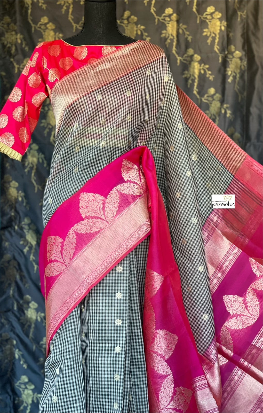 Kora Linen Silk Banarsi - Black White Checks Pink