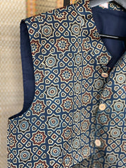 Silk Ajrakh Waist Jacket/Coat Men - Blue Maroon XL 42