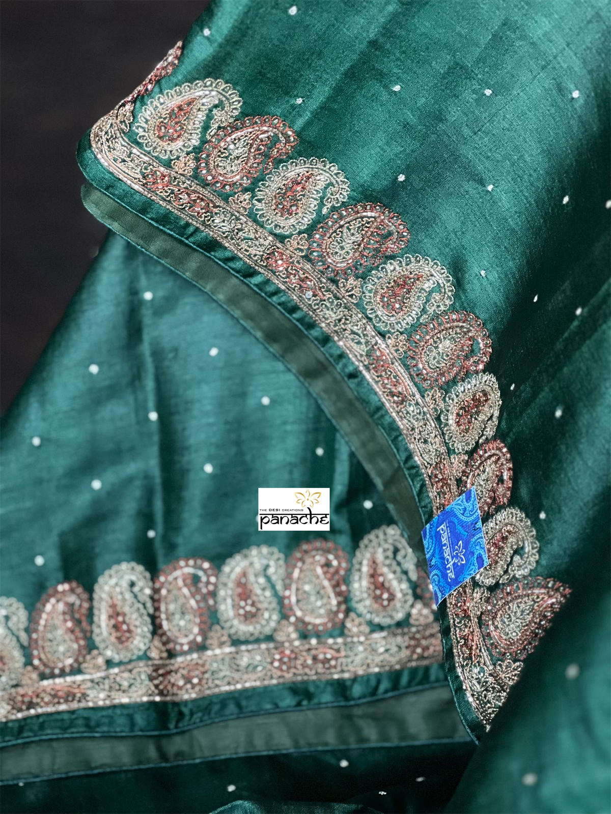 Pure Tussar Silk - Dark Green Embroidered