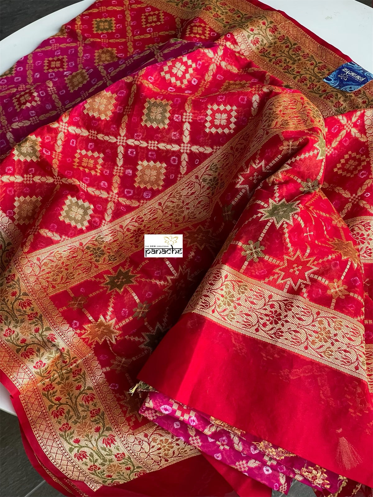 Silk Cotton Bandhani Banaras Chanderi - Red Pink