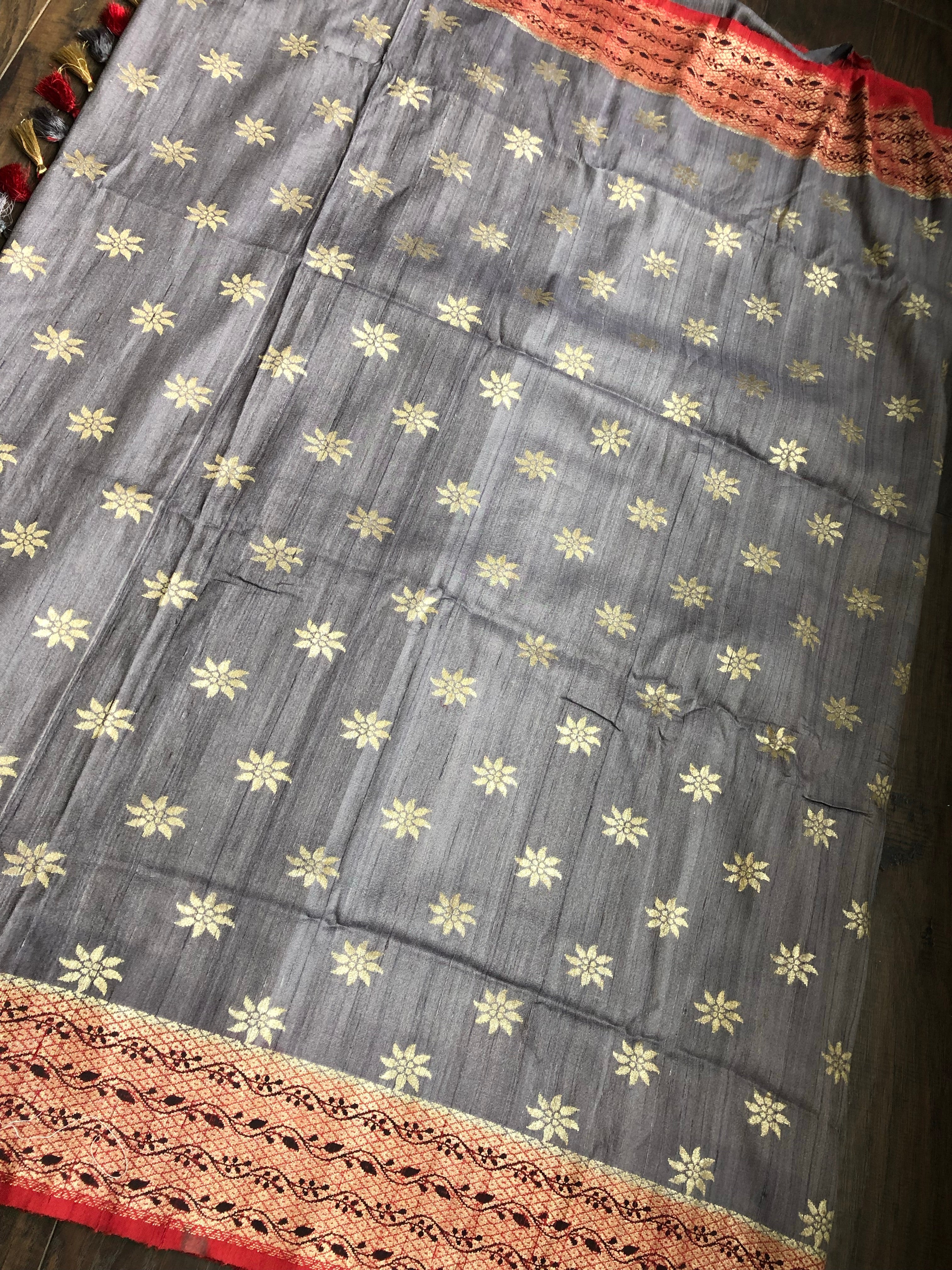 Tussar Georgette Banarasi- Grey Maroon Black