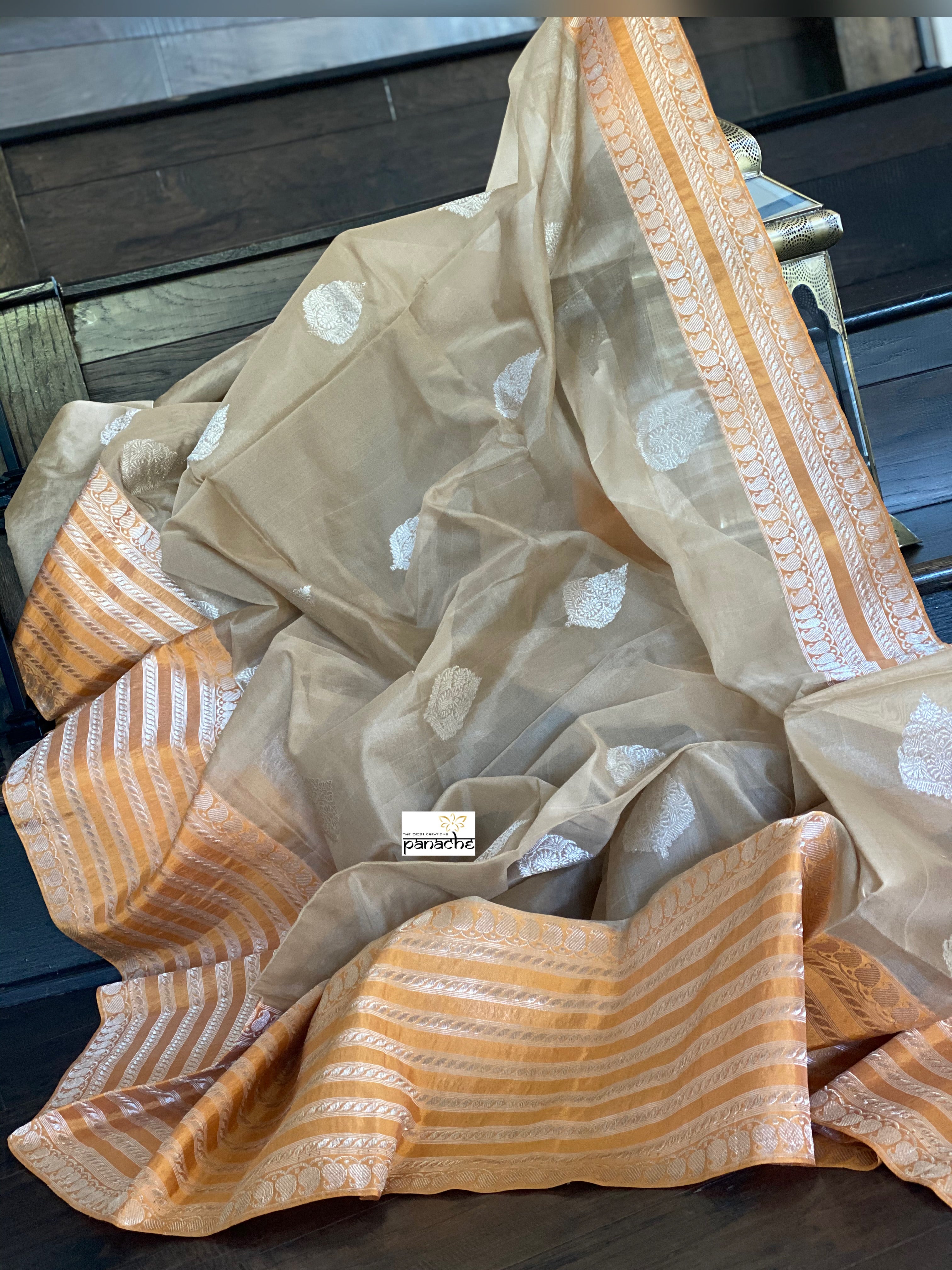 Organza Silk Banarasi - Tan Beige Orange Kadwa Motifs