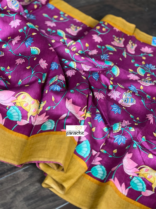 Muga Silk Pichwai Printed - Purple Ochre Yellow