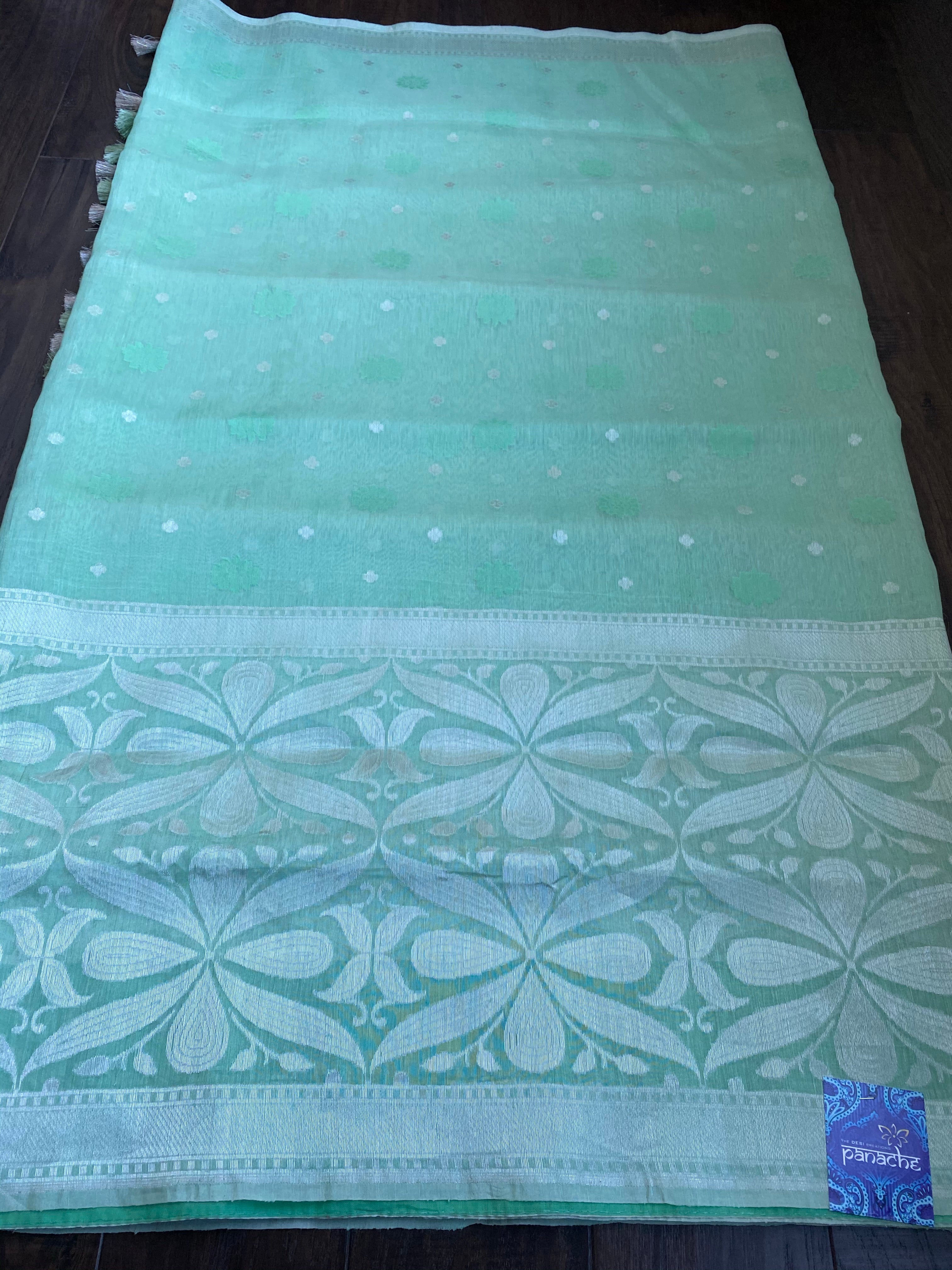 Linen Silk Banarsi - Mint Green Silver Zari