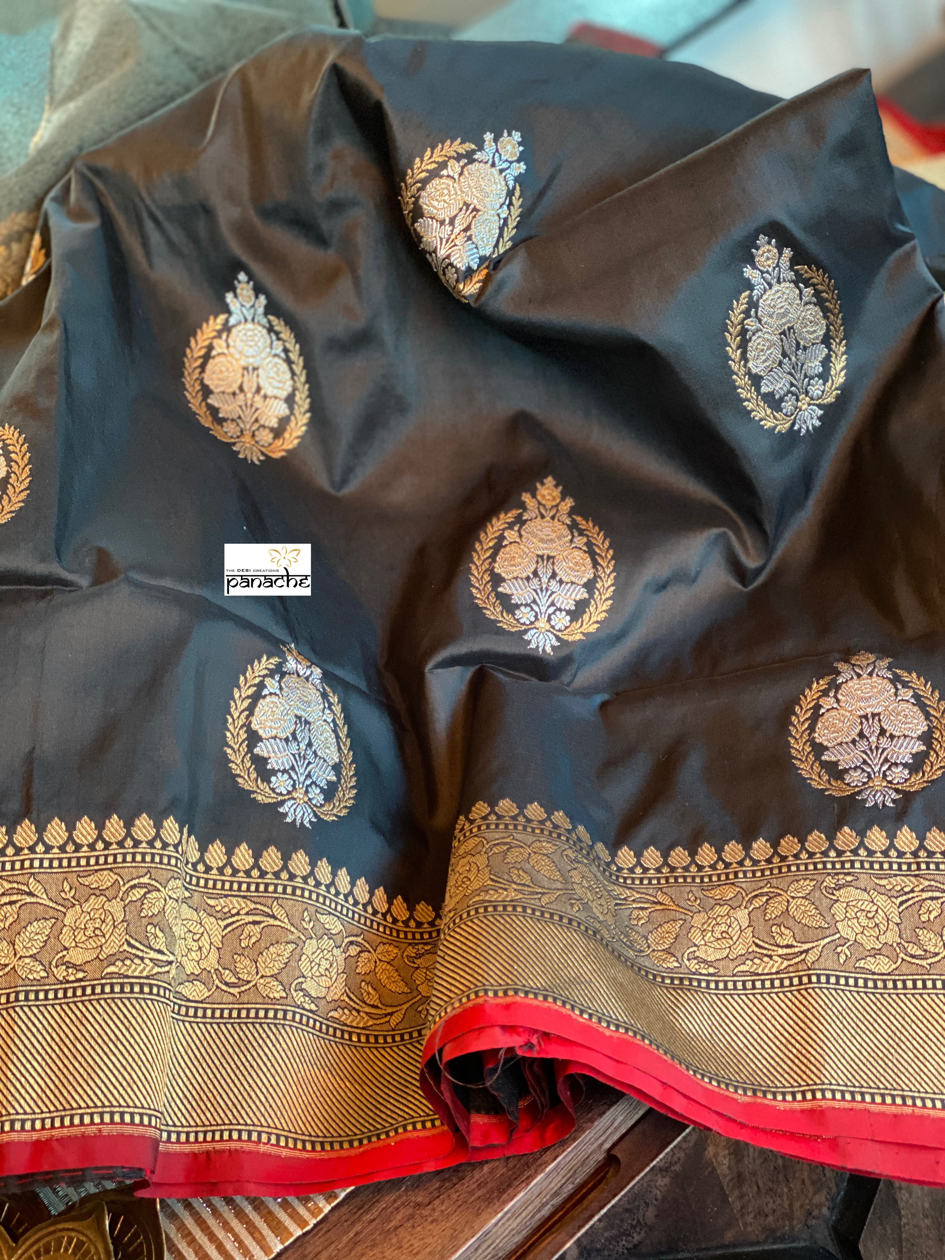 Exclusive Katan Silk Banarasi - Black Red Kadwa Woven