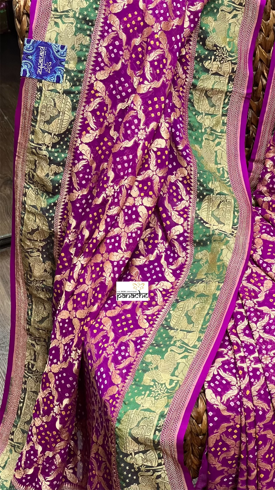 Bandhej Khaddi Georgette Banarasi - Purple Green