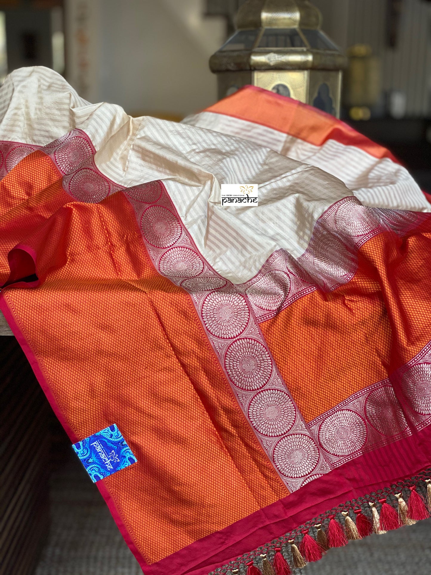 Pure Katan Silk Banarasi - Beige Orange Kadwa Woven