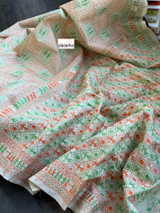 Pure Gachi Tussar Silk Kantha Stitch -  Beige Orange Green Worli