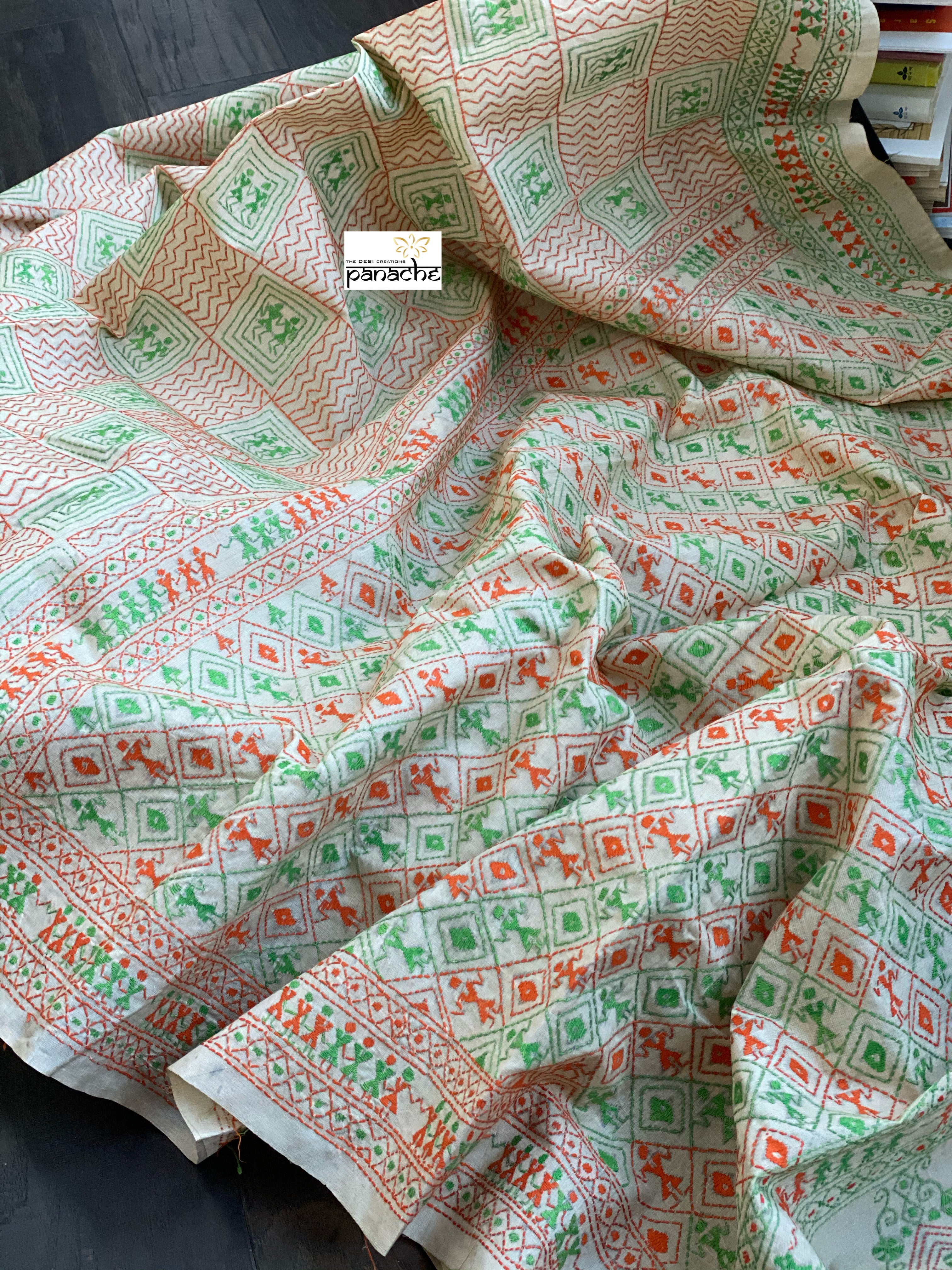 Pure Gachi Tussar Silk Kantha Stitch -  Beige Orange Green Worli