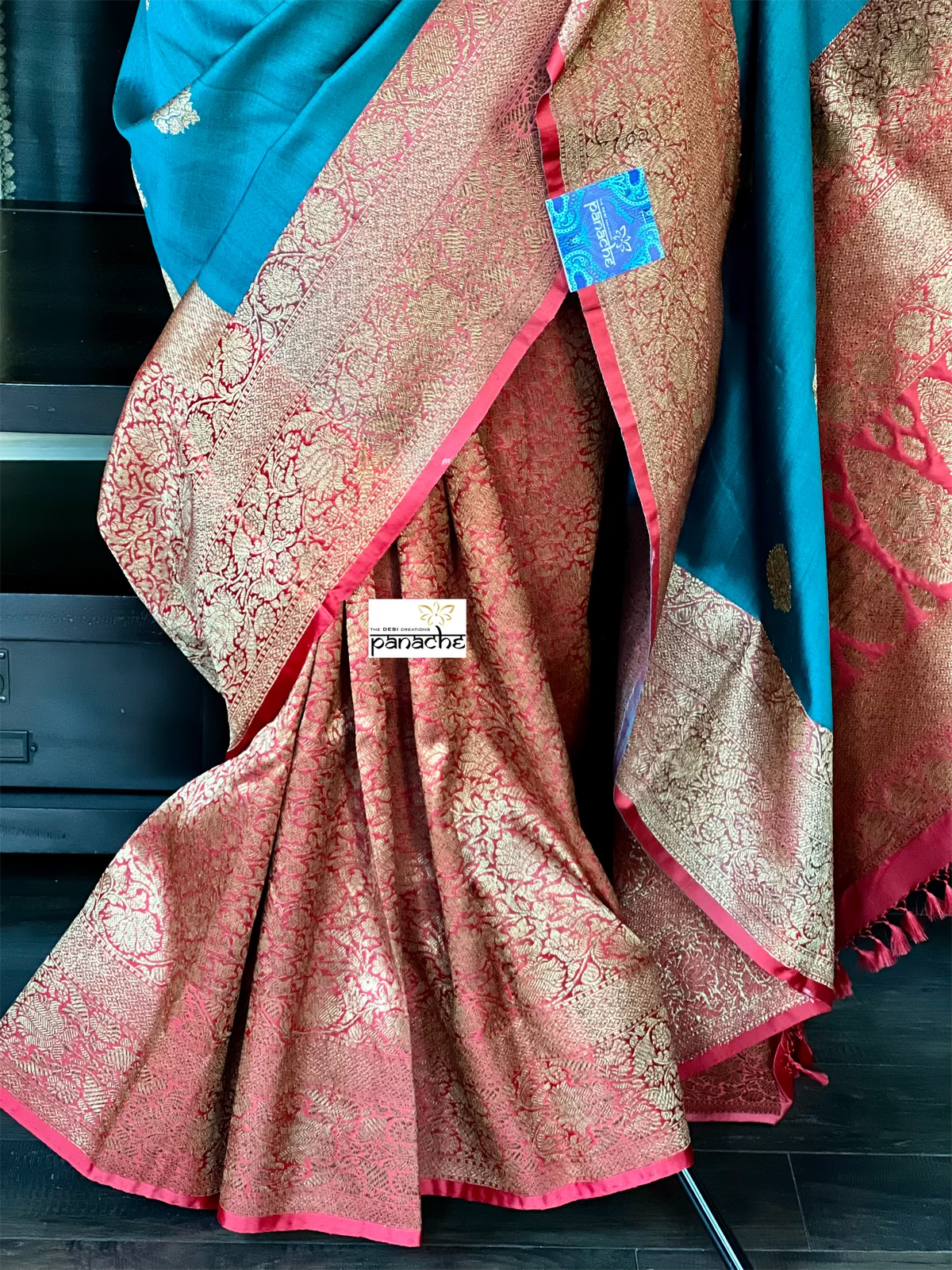 Tussar Silk Banarasi - Teal Blue Red Patli Pallu