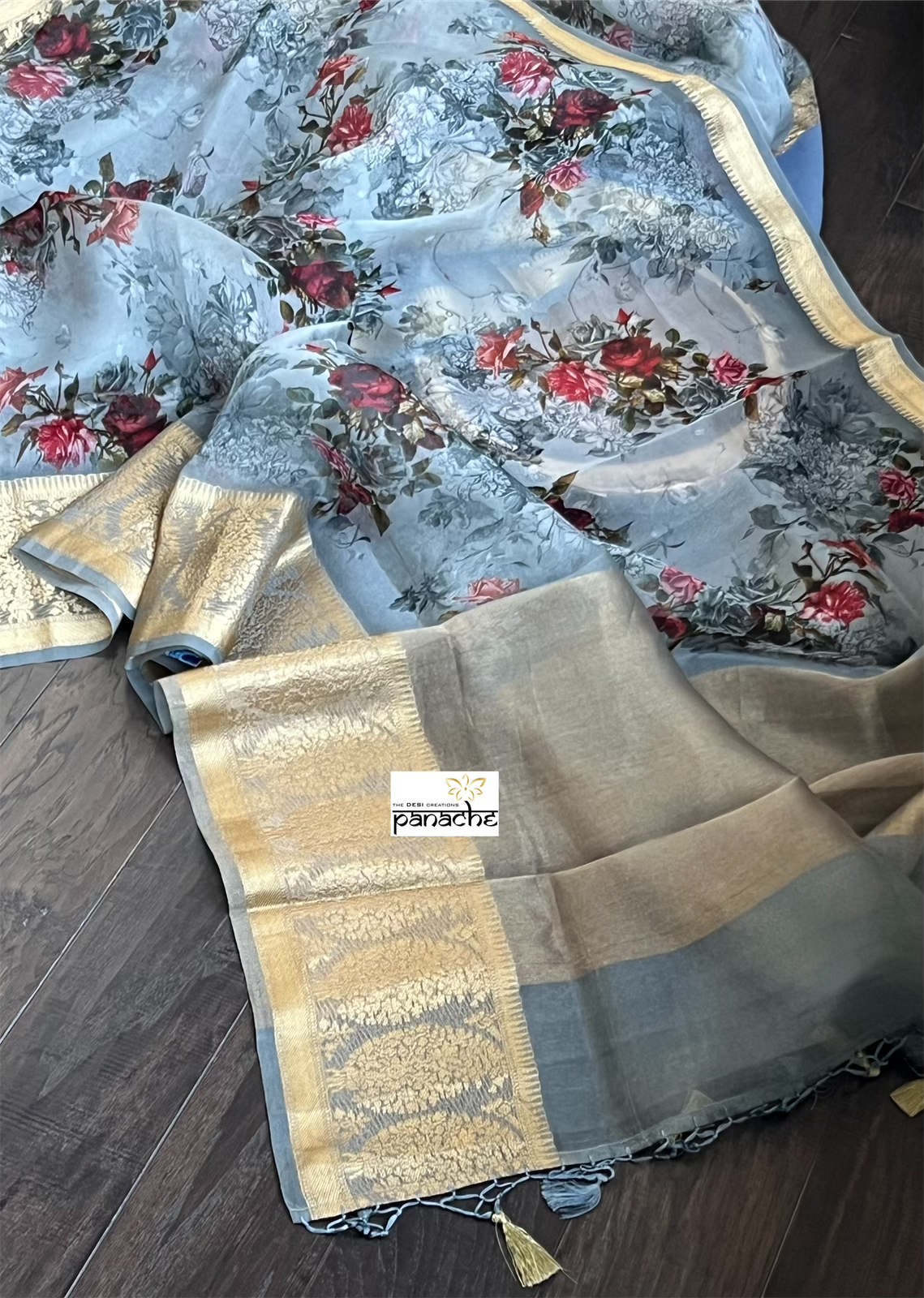 Organza Banarasi Floral - Light Grey Kadwa