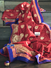 Designer Tussar Gicha Silk - Reddish Maroon Zari Motifs