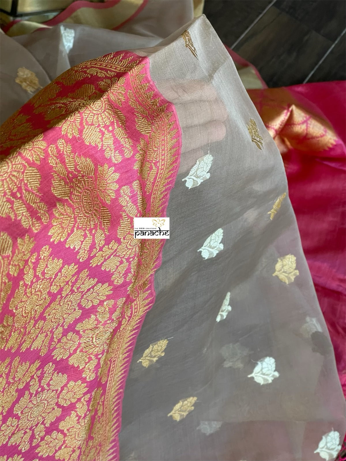 Pure Kora by Katan Silk Kadwa Banarasi - Light Grey Mauve Antique Zari