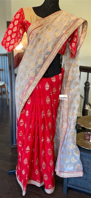 Designer Saree - Golden Tissue Red Soft Silk Half Half