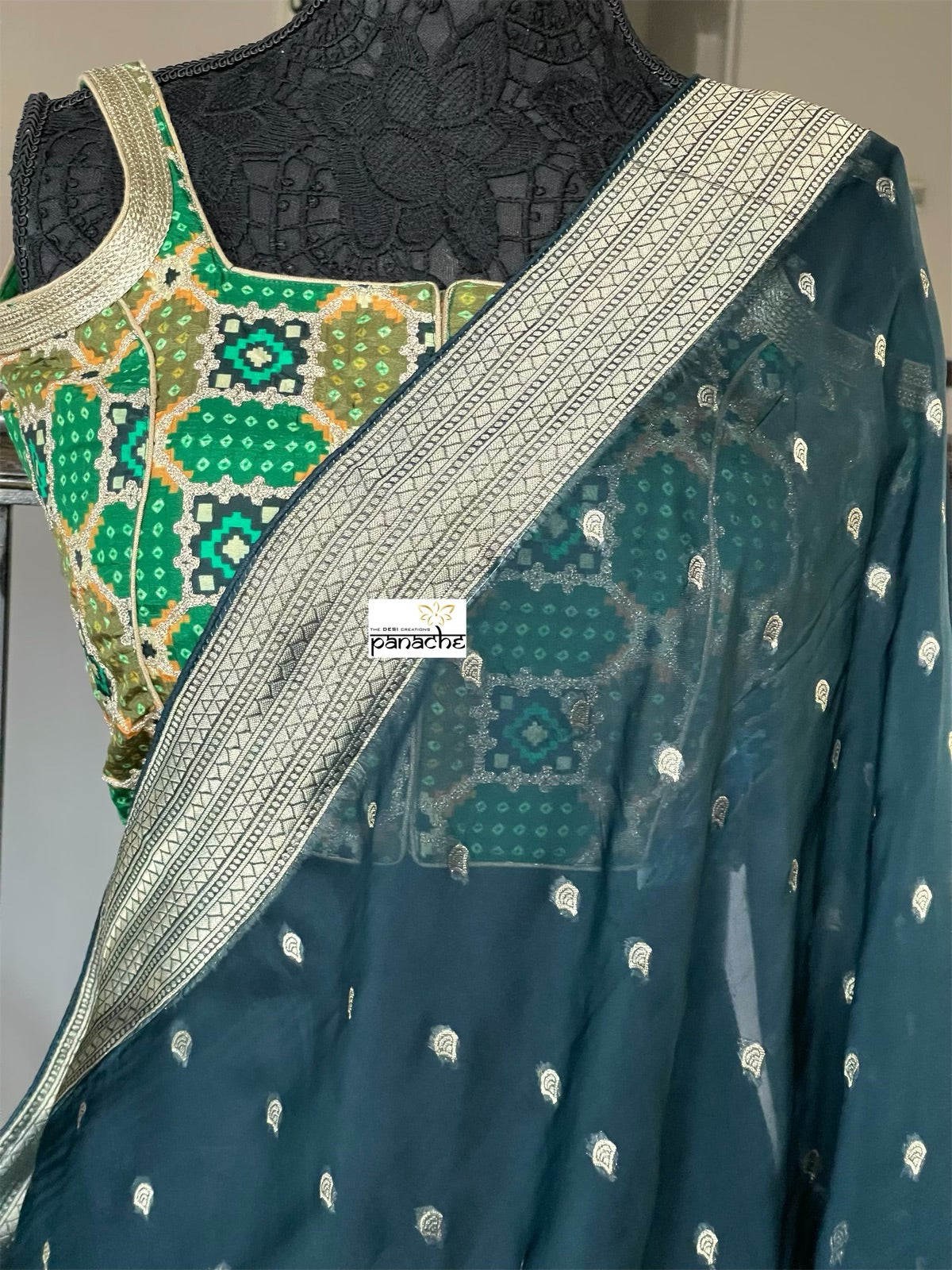 Designer Organza Banaras Saree - Ombré black teal green