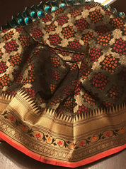 Katan Silk Banarasi - Black Bandhej Paithani Woven