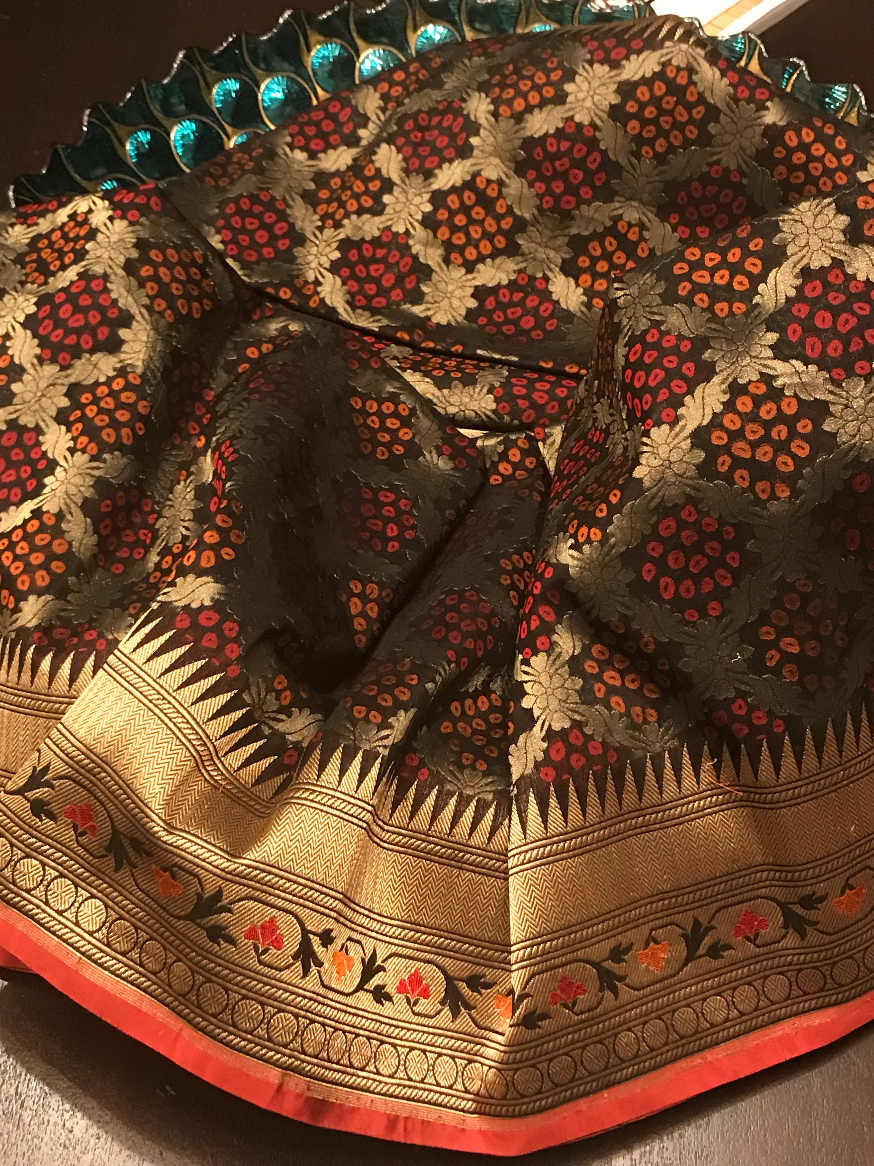 Katan Silk Banarasi - Black Bandhej Paithani Woven
