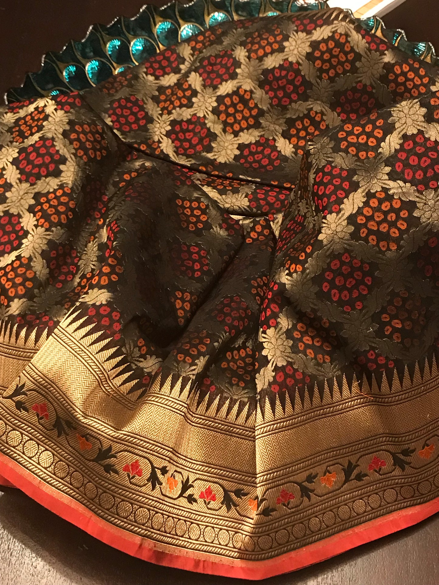 Katan Silk Banarasi - Black Bandhej Paithani Woven