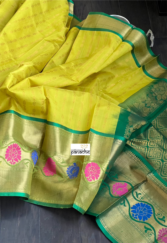 Pure Silk Kanjivaram - Lemon Yellow Green