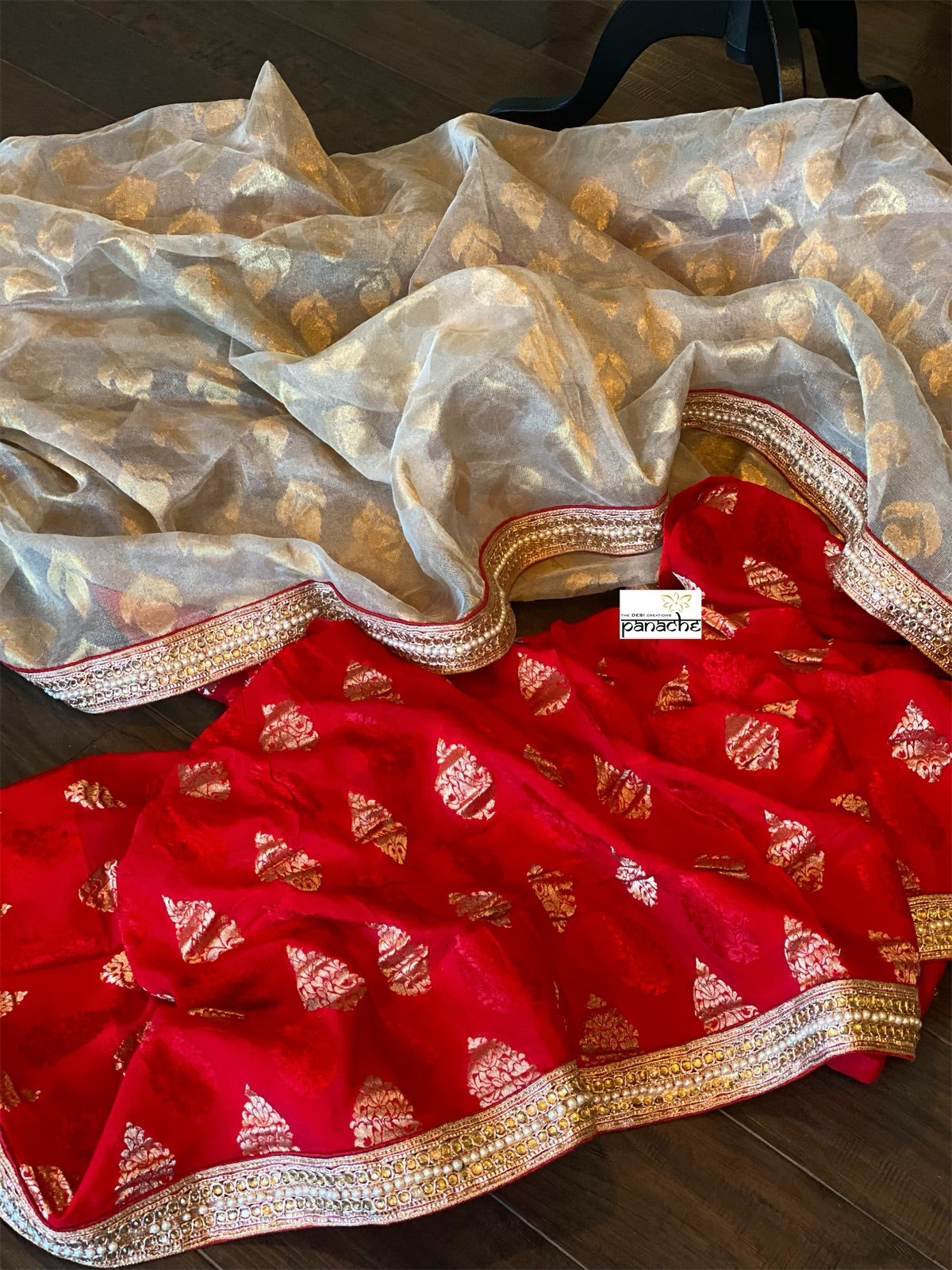 Designer Saree - Golden Tissue Red Soft Silk Half Half