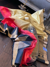 Pure Silk Kanjivaram - Ochre Golden Yellow Red Black