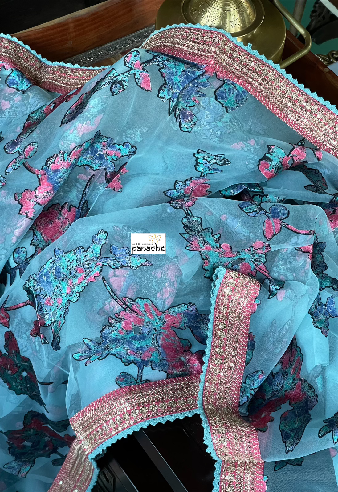 Designer Organza Satin Floral - Light Blue Peach