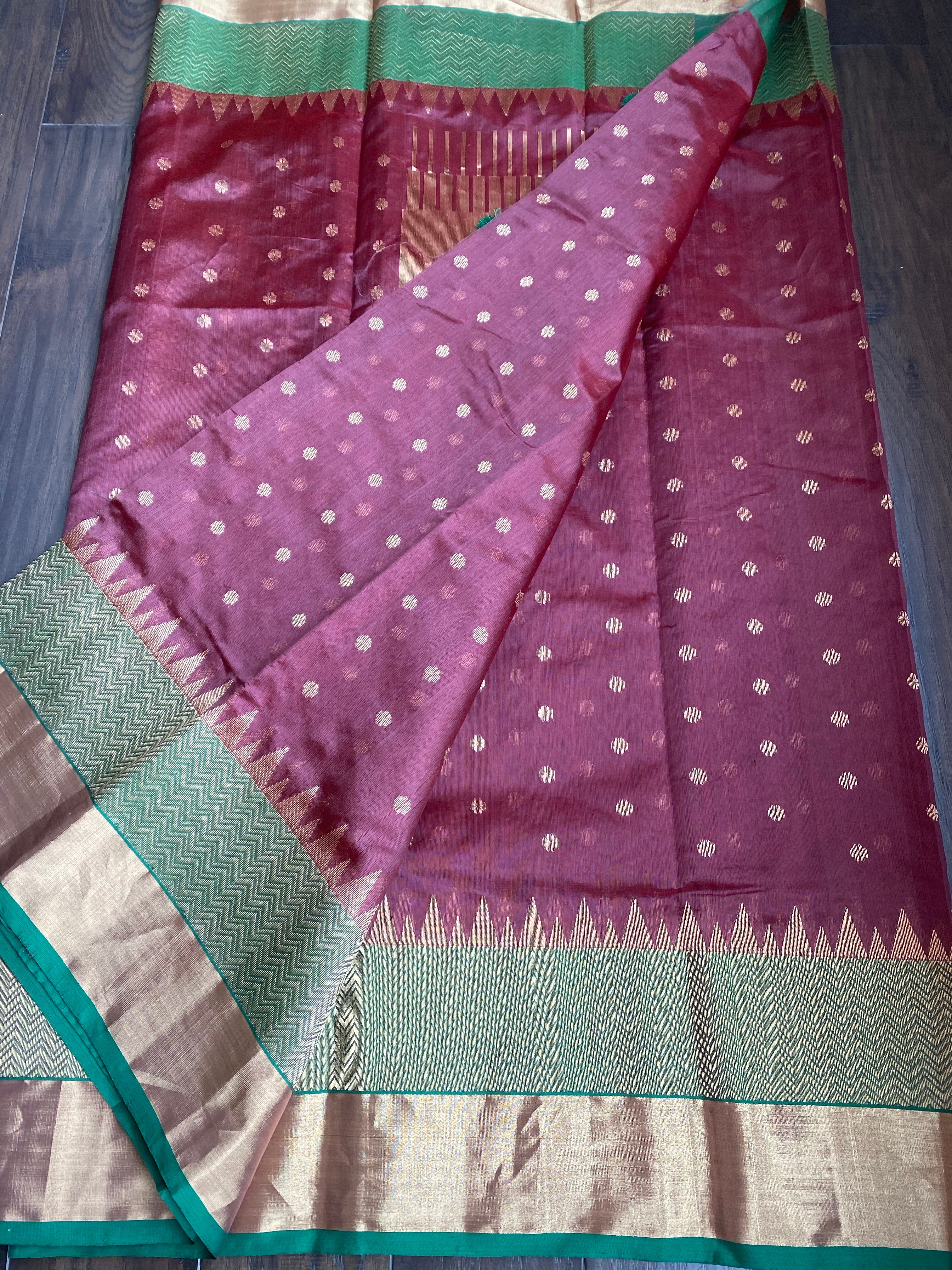 Pure Chanderi Silk - Brown Plum Green Golden Silver Zari Woven