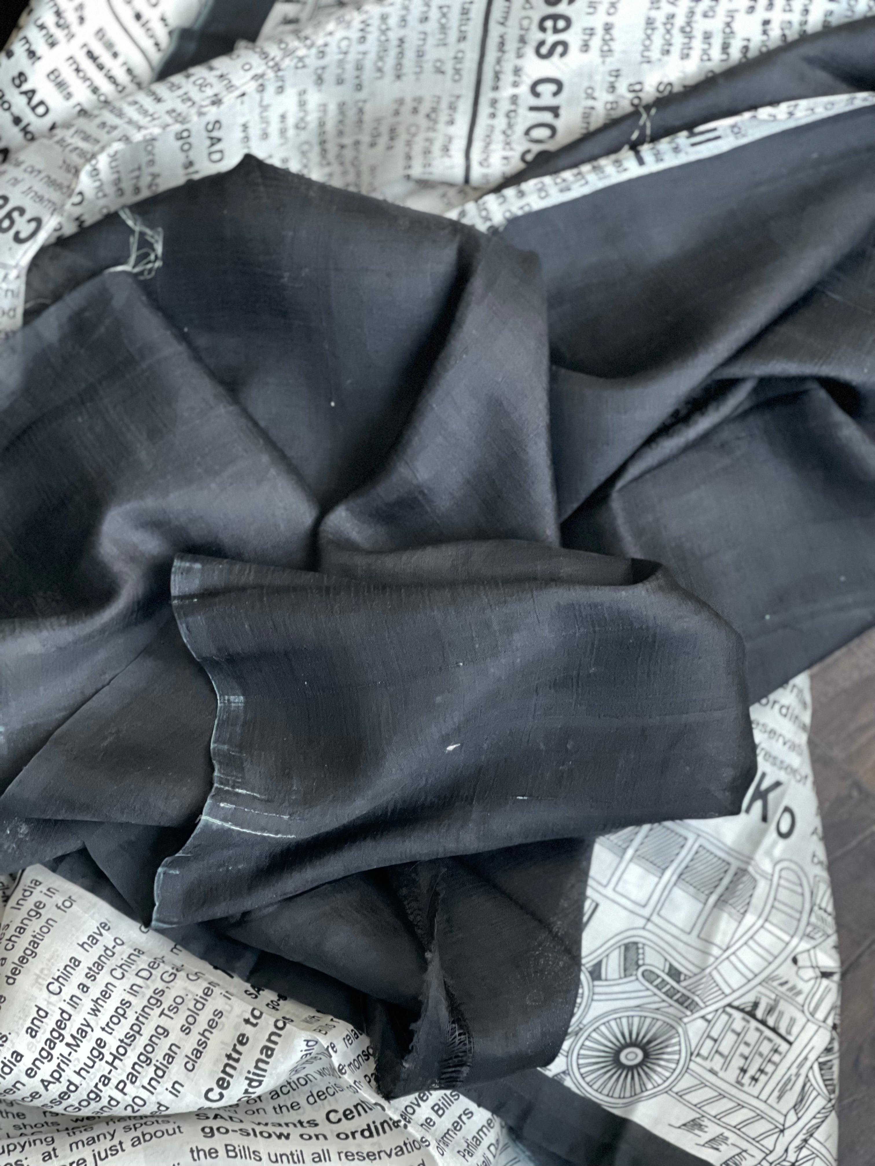 Pure Bishnupur Silk -  Offwhite Black Newspaper Printed