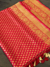 Pure Silk Banarasi - Red Buttidaar Antique Golden Zari