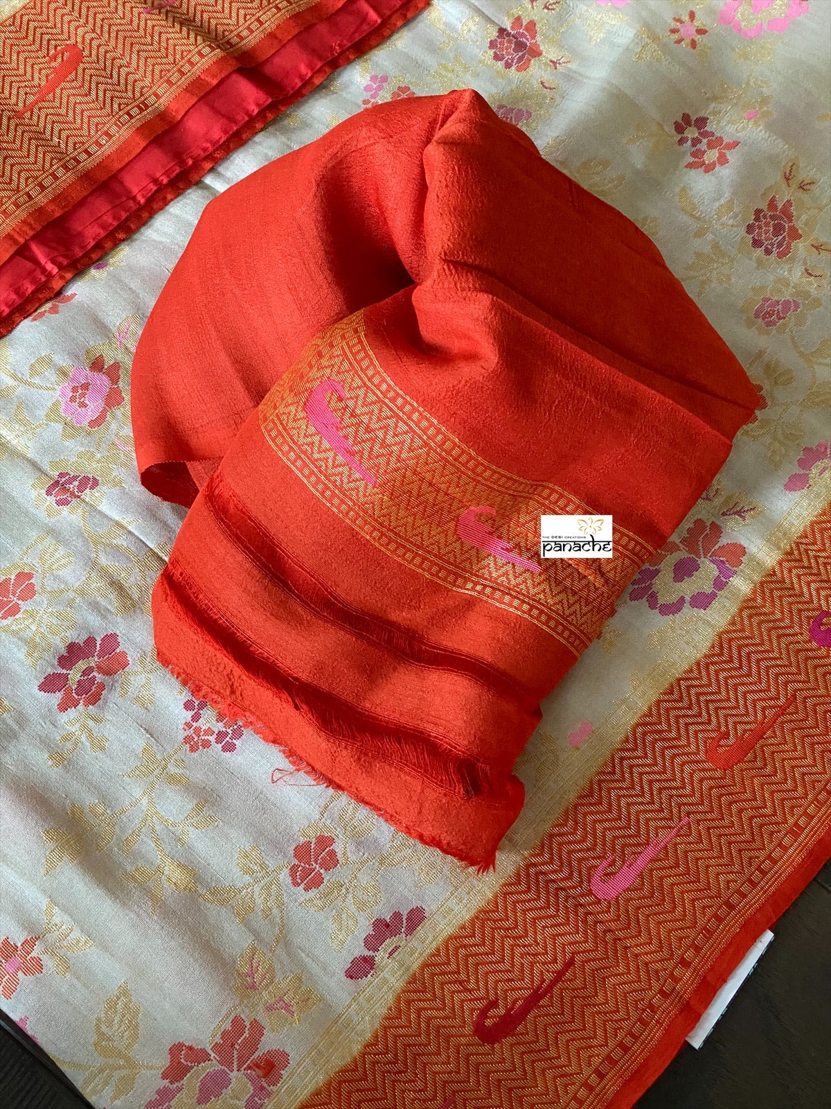 Khaddi Tussar Banarasi - Tilfi woven Beige Orange Multi Meenakari