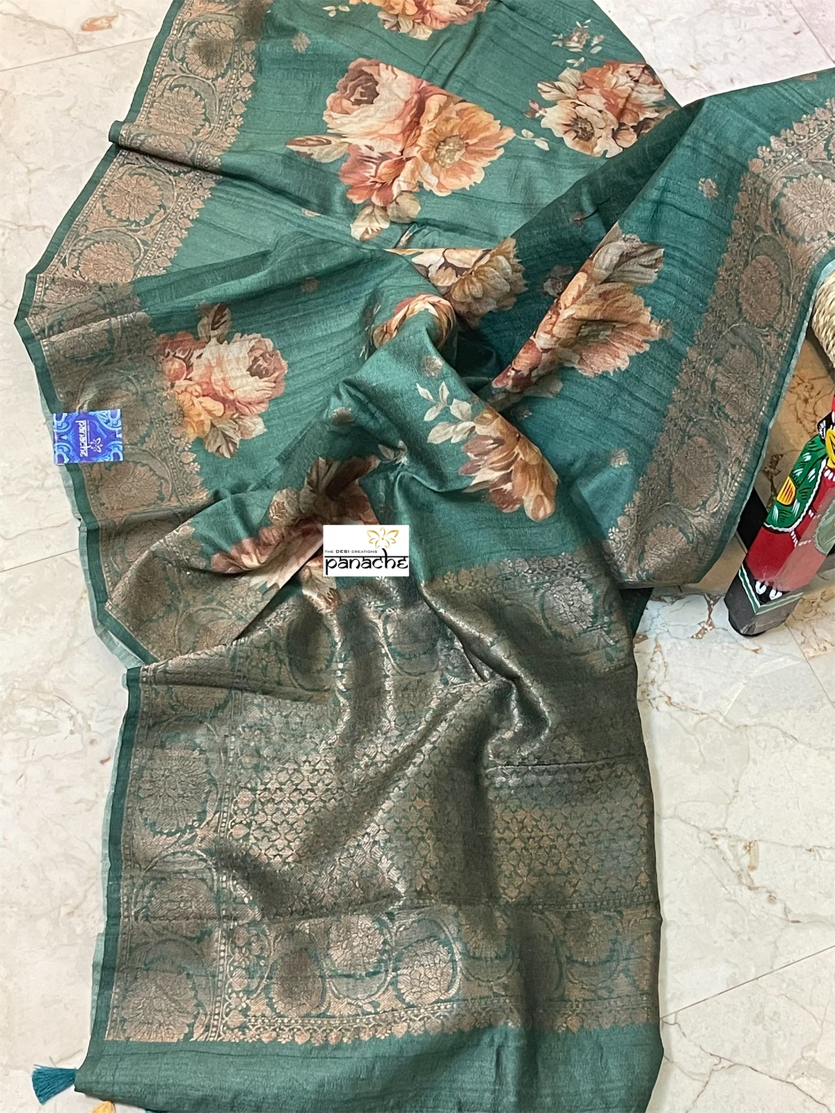 Pure Tussar Silk Banarasi - Green Floral